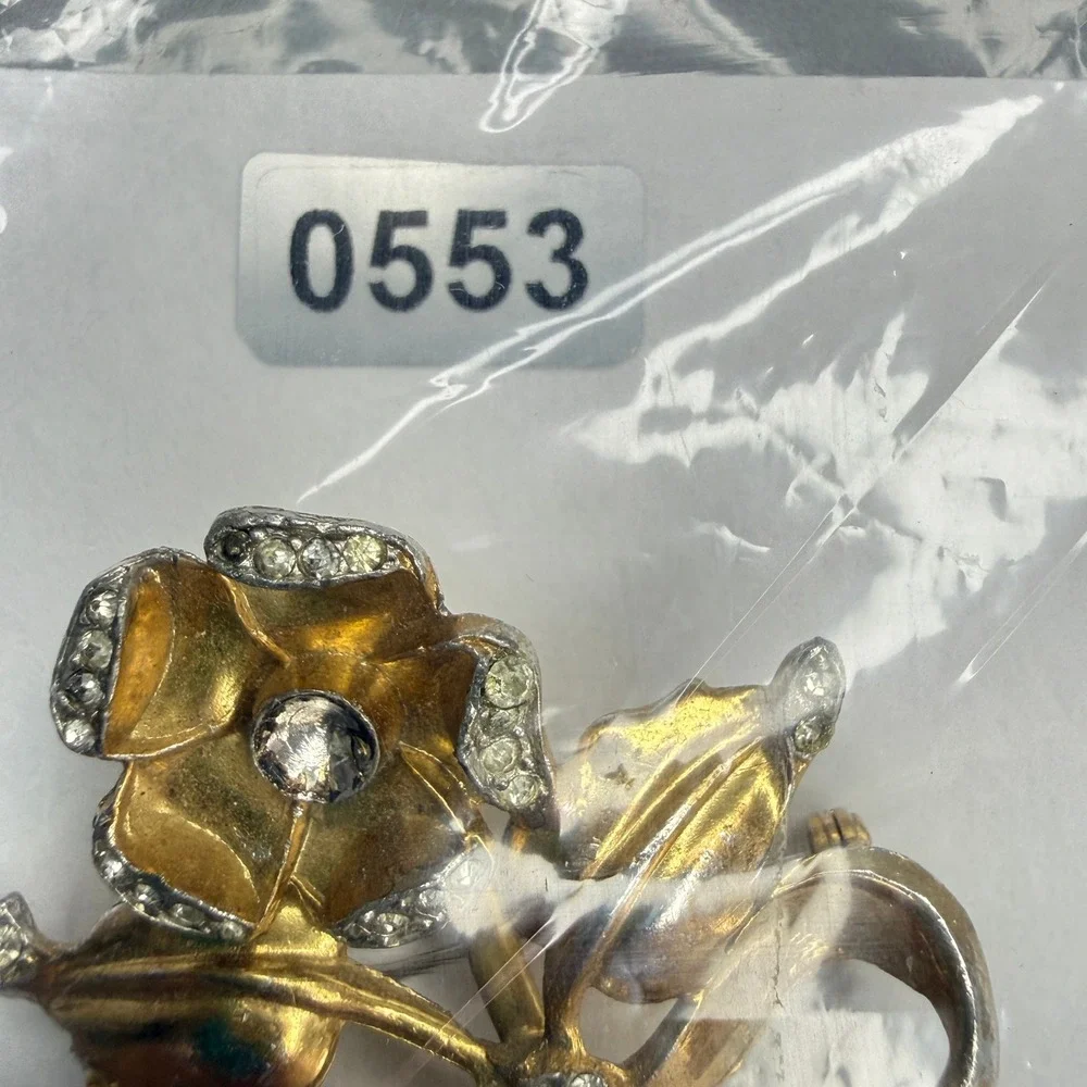 Vintage Gold Tone Pot Metal Rhinestone Flower Brooch c. 1930s 2